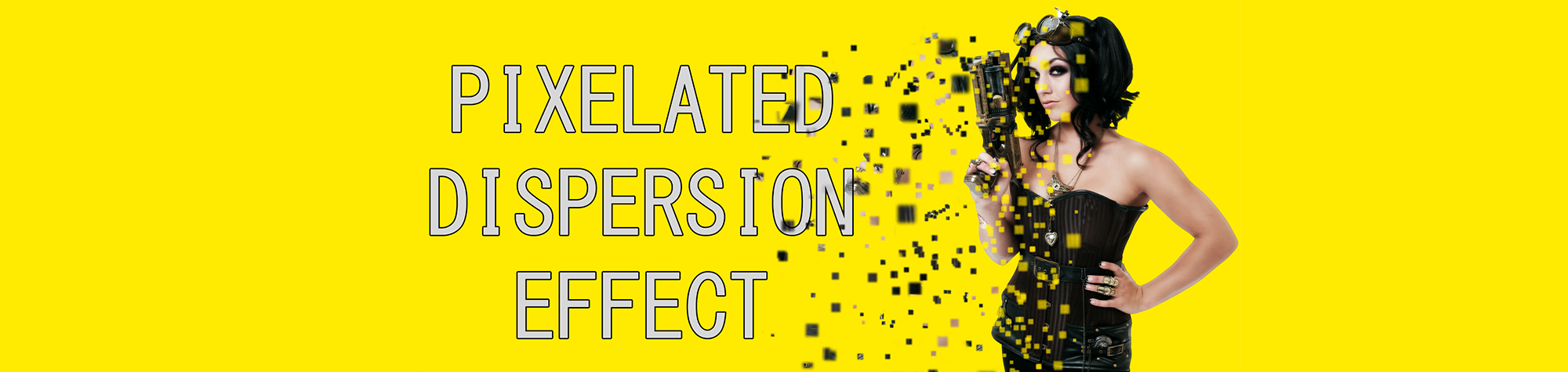 A wide panoramic banner showing a pixel dispersion effect on a woman running, with her form shattering into colorful geometric particles in Photoshop.