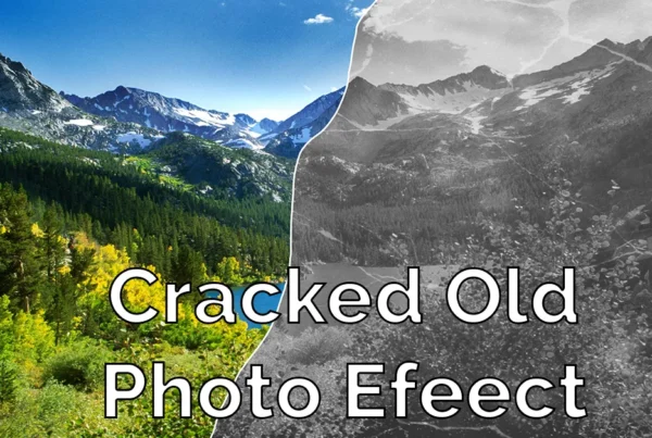 Photoshop tutorial thumbnail featuring the text "Cracked Old Photo" over a highly distressed vintage image with visible paper cracks and faded edges.