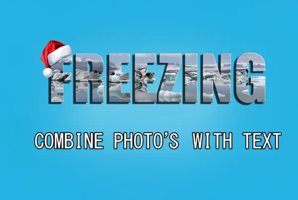 Photoshop tutorial thumbnail featuring the word "TEXT" with a vibrant image inside the letters against a dark background.