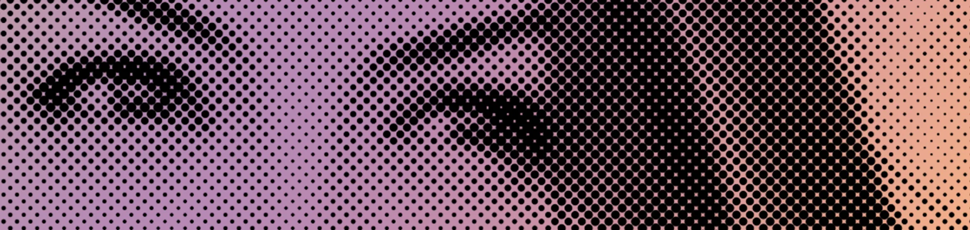 A wide panoramic banner displaying a vibrant blue and red halftone dot pattern applied to bold typography in Photoshop.