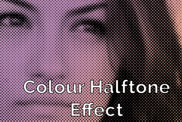 Photoshop tutorial thumbnail featuring the text "Halftone Effect" with a stylized blue and red dot pattern on a dark background.