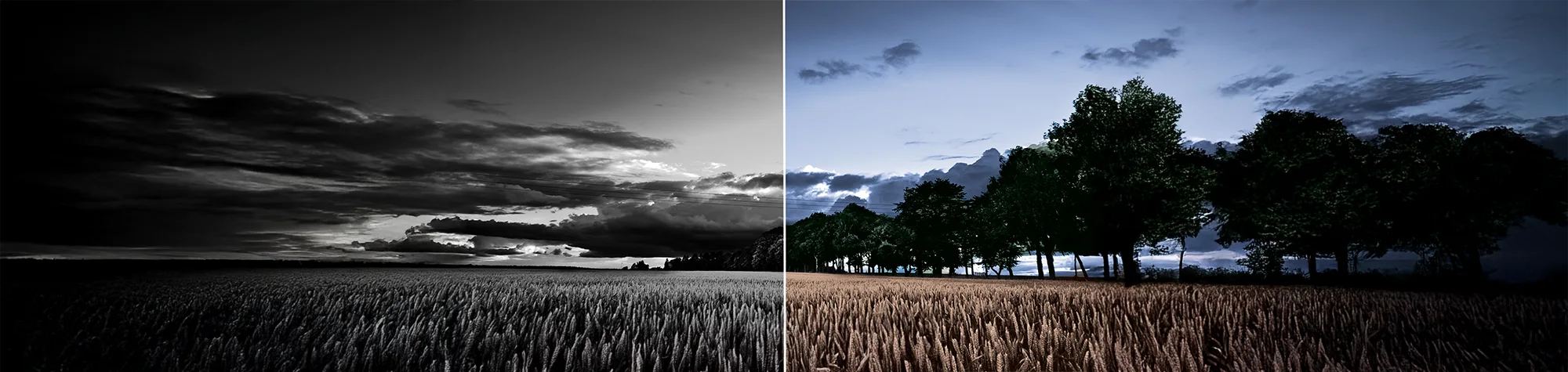 A wide panoramic banner showing a high-detail split-screen comparison: a grainy 1940s black and white street scene on the left, and a fully restored, naturally colourized version on the right.