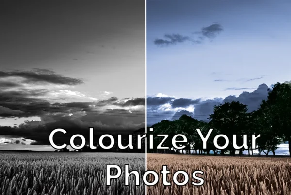 Photoshop tutorial thumbnail featuring the text "Colourize your photos" over a picture of a wheat field that half black and white and the other half colourized