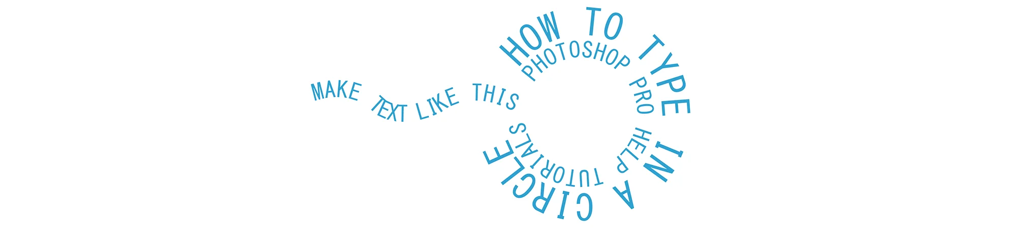 A wide panoramic banner showing a step-by-step process of creating circular text around a central logo icon using the Ellipse Tool in Photoshop.