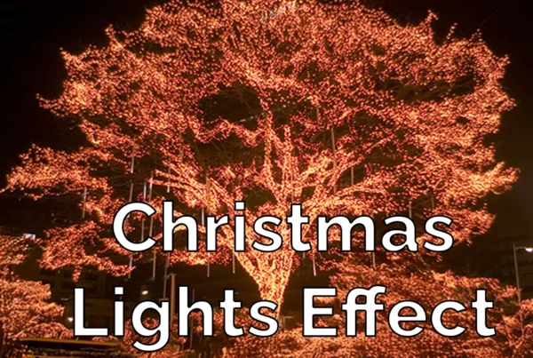 Photoshop tutorial thumbnail featuring the text "Add Christmas Lights" over a close-up of pine branches decorated with glowing red and gold lights.