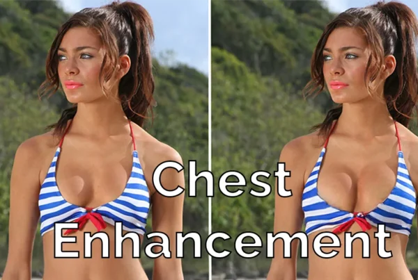 A side by side view of before and after of the Photoshop Chest Enlargement with a woman standing in a blue striped bikini with a tropical island background.