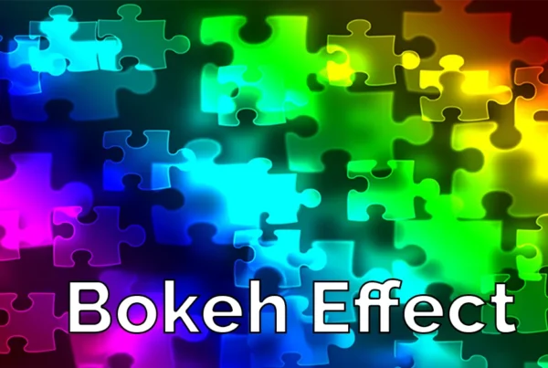 Photoshop tutorial thumbnail featuring the text "Realistic Bokeh" over a rainbow background with bohen style puzzle pieces