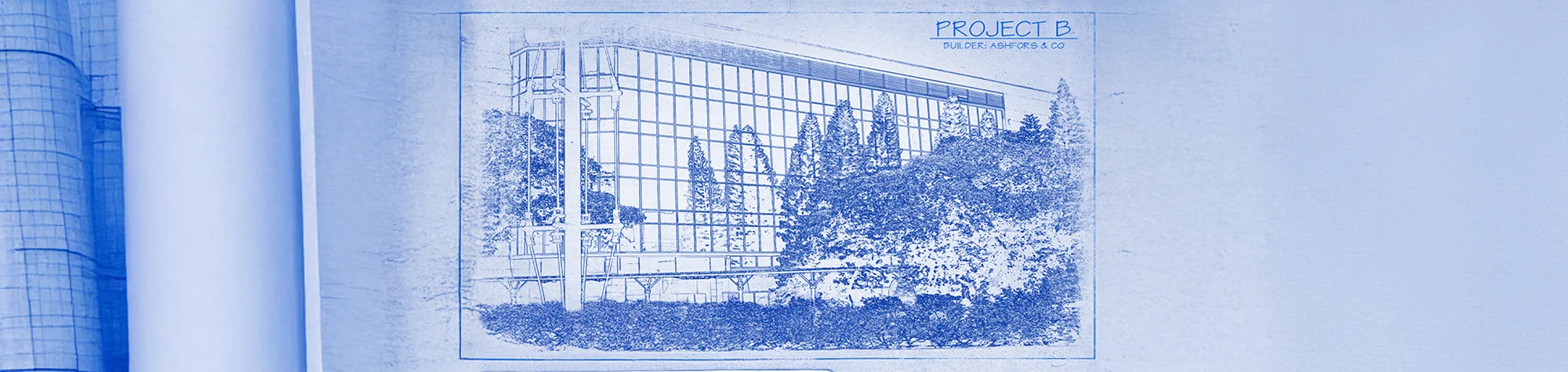 A wide panoramic banner showing a before and after comparison of a modern building photo transformed into a blue and white technical blueprint in Photoshop.