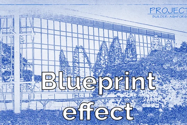 Photoshop tutorial thumbnail featuring the text "Blueprint Effect" over a schematic-style image with grid lines and technical measurements.