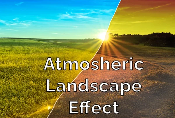 A thumbnail picture of a landscape showing a clear mountain valley being transformed into a moody, atmospheric scene with rolling fog, light rays, and deep shadows with text over the top that says Atmosheric Landscape Effect.