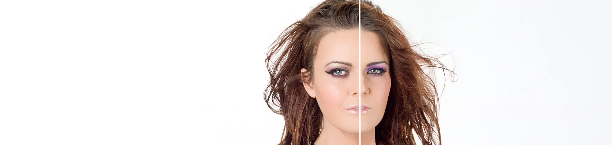 A wide panoramic banner showing a before and after comparison of a natural portrait being enhanced with digital makeup, including eyeshadow, lipstick, and blush in Photoshop.