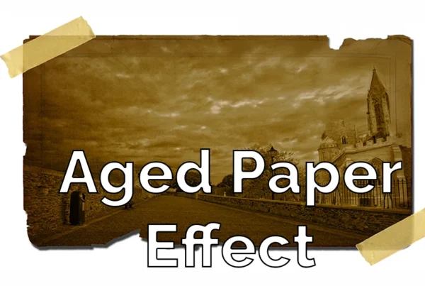 Photoshop tutorial thumbnail featuring the text "Vintage Photo FX" over a landscape street with creases and faded edges.