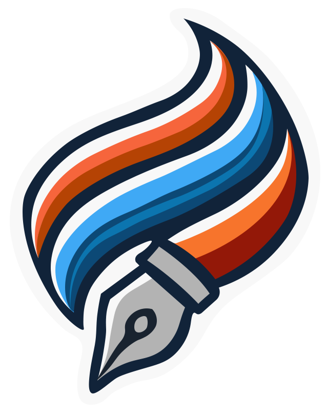 A stylized logo of a fountain pen nib with a flame-like design, symbolizing creativity and dynamic solutions through expert Photo Editing Services.