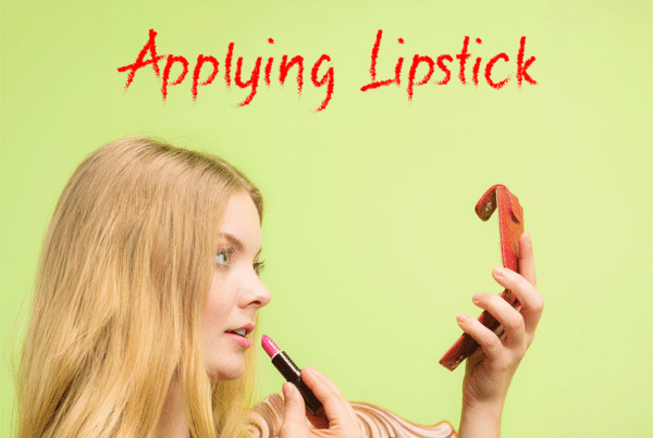 Photoshop tutorial thumbnail featuring the text "Apply Lipstick" over a close-up portrait with bold red lip color.
