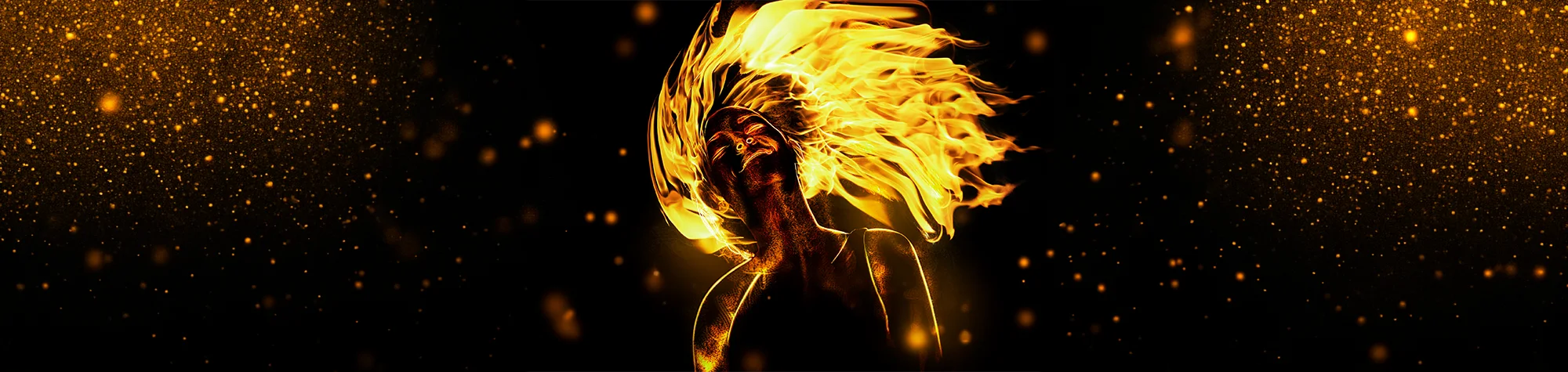 A wide panoramic banner for a Photoshop tutorial showing a woman with hair made of roaring flames, surrounded by glowing embers and sparks against a dark background.