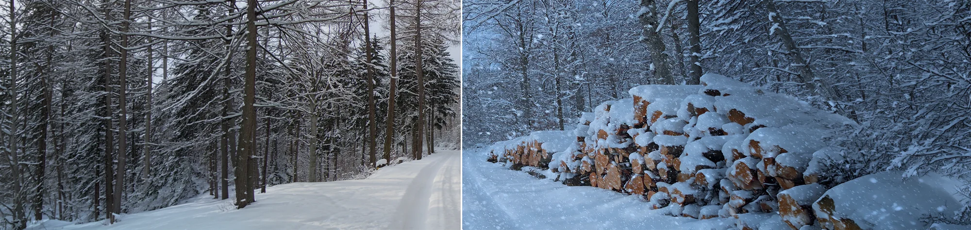 A wide panoramic banner showing a cozy cottage at night being transformed with a realistic Christmas snow effect and warm lighting in Photoshop.