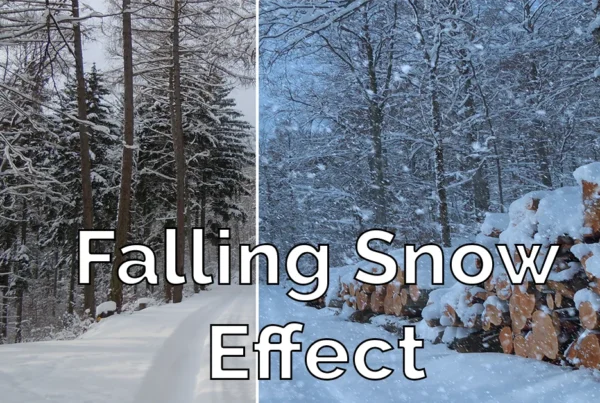 Photoshop tutorial thumbnail featuring the text "Add Christmas Snow" over a festive scene with glowing lights and soft, falling snowflakes.