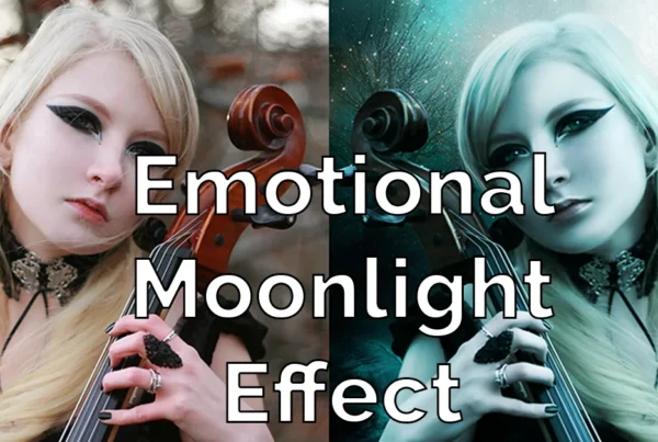 Photoshop tutorial thumbnail featuring the text "Night Composite" over an image of a violinist standing in front of woods under a massive, glowing moon and star-filled sky.