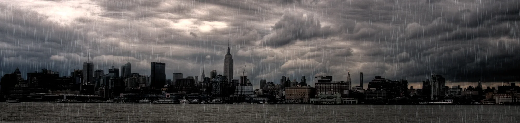 A wide panoramic banner showing a before and after comparison of a rain effect applied to a street scene in Photoshop.