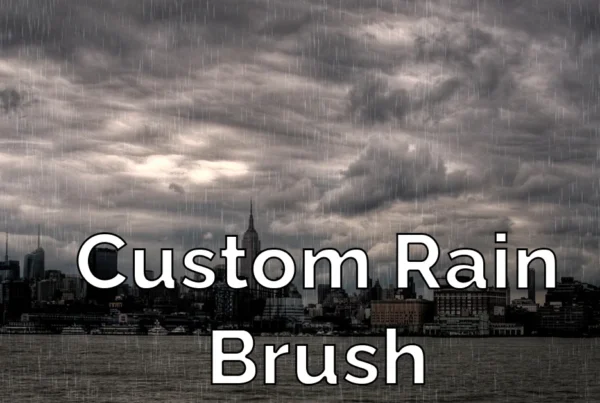 Photoshop tutorial thumbnail featuring the text "Rain Effect" over a dark, rainy street scene with realistic water droplets and splashes.