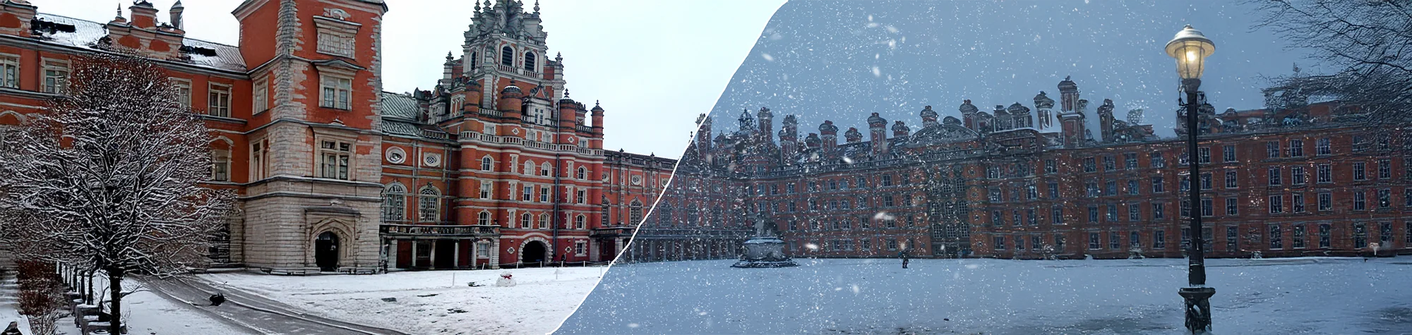 A wide panoramic banner showing a before and after comparison of a warm landscape transformed into a snowy winter scene using Photoshop.