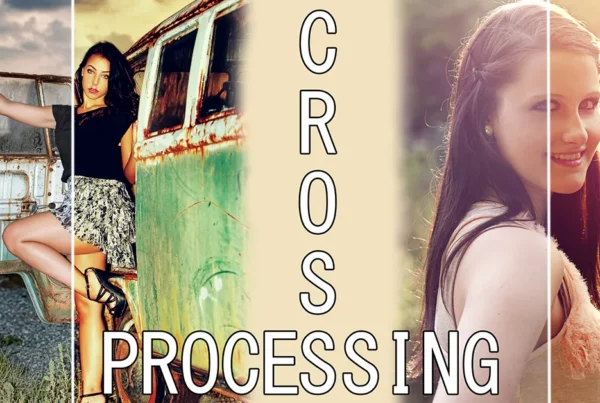 Photoshop tutorial thumbnail featuring the text "Cross Processing" over an urban street photo with a vibrant, stylized teal and orange color grade.