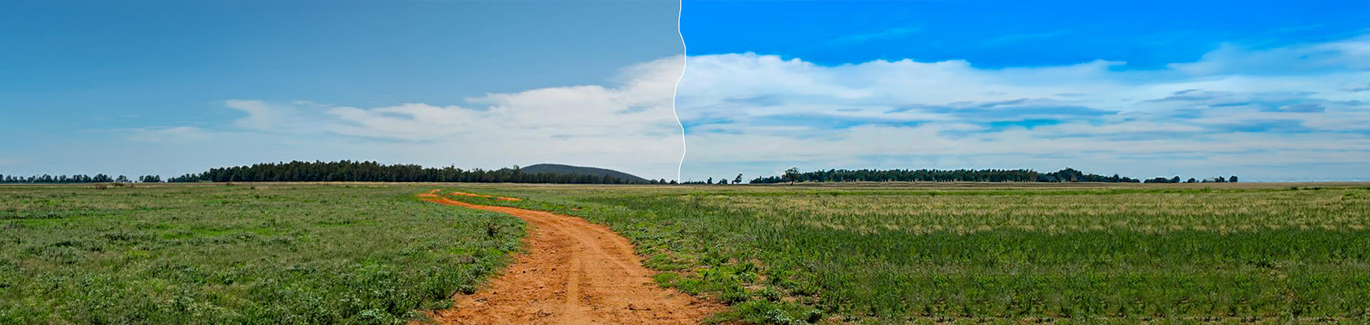 A wide panoramic landscape before and after comparison: a pale, overcast sky on the left and a dramatic, "Vivid Sky Effect" version on the right with deep blues, fiery oranges, and enhanced cloud contrast.