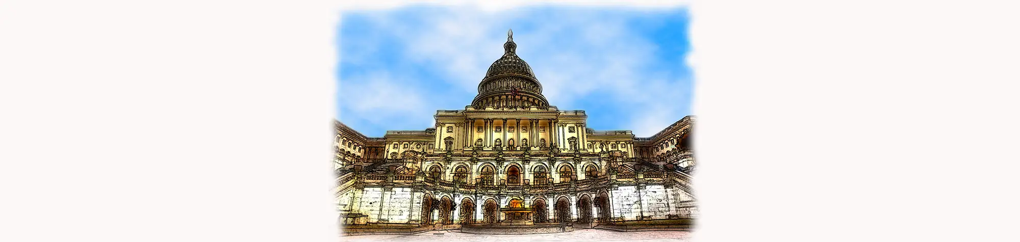 A wide panoramic banner showing a old building which features a dreamy, fluid watercolour effect with soft pigment bleeds and paper texture.