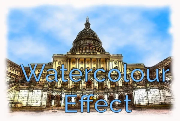 Photoshop tutorial thumbnail featuring the text "Watercolour FX" over a old building landscape with vibrant paint splashes and soft, feathered edges.