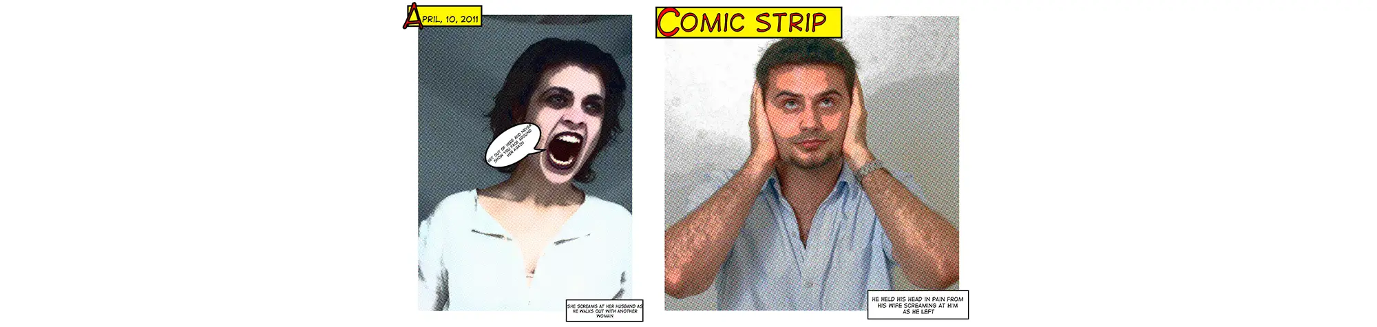 A wide panoramic banner showing a split-screen: a standard photo of a person screaming on the left, and a stylized "Retro Comic Book Effect" version on the right with thick ink outlines and halftone textures.