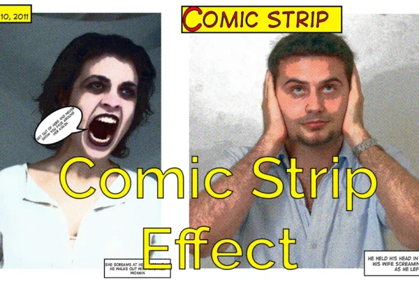 Photoshop tutorial thumbnail featuring the text "Comic Style FX" over a vibrant action portrait with a yellow sunburst background and a "POW!" speech bubble.