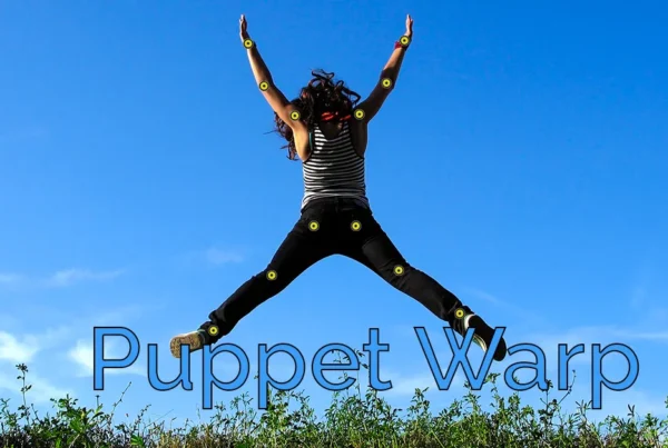 Photoshop tutorial thumbnail featuring the text "Puppet Warp FX" over an image of a person jumping with their arms and legs being moved into a different shape using the Puppet Warp interface.