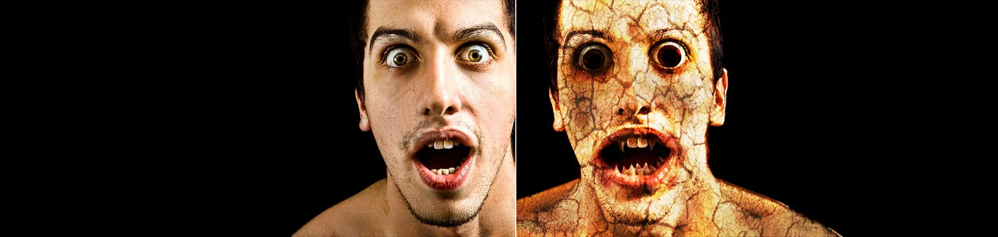 A wide panoramic banner showing a before and after comparison of a realistic zombie transformation in Photoshop, featuring decayed skin and glowing yellow eyes.