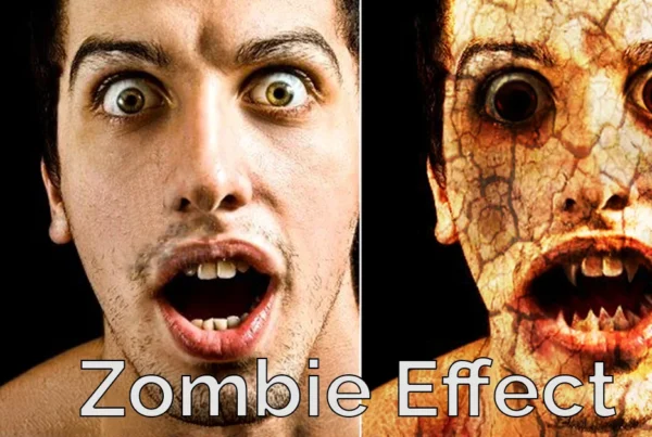 Photoshop tutorial thumbnail featuring the text "Zombie Effect" over a close-up of a highly detailed zombie face with decayed textures.