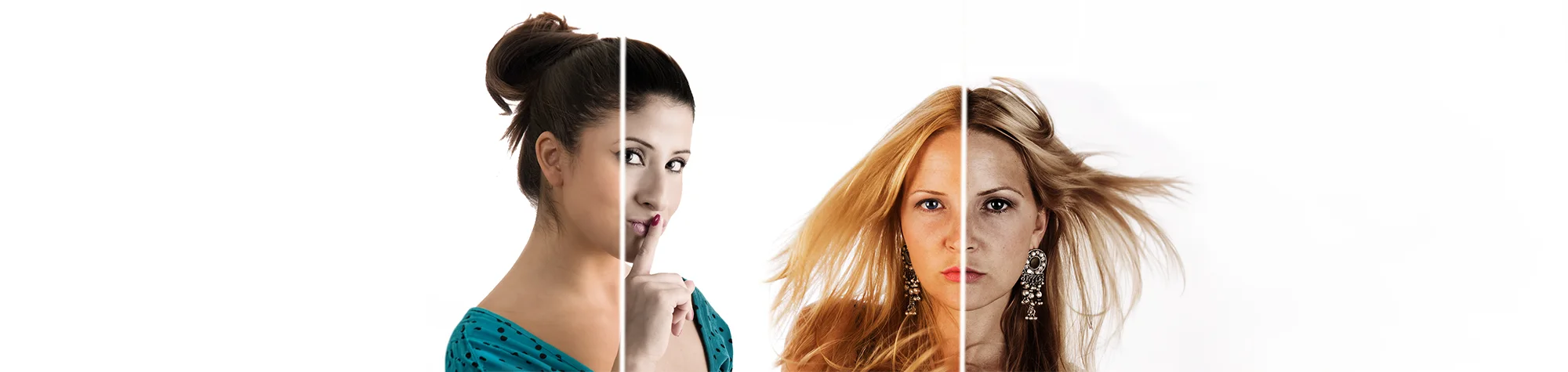 A wide panoramic banner showing a high key portrait edit in Photoshop with bright highlights, soft shadows, and a clean white background.