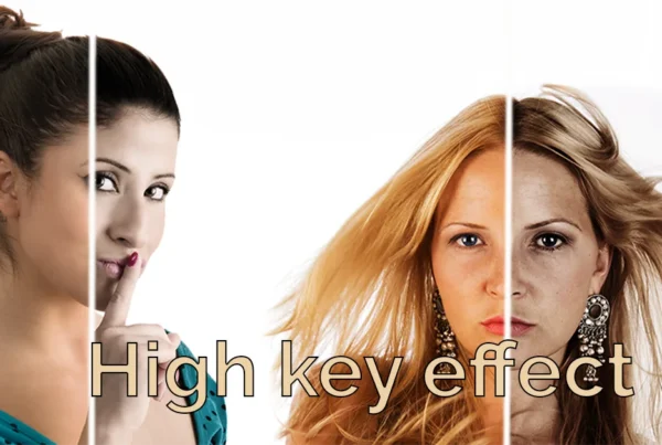 Photoshop tutorial thumbnail featuring the text "High Key Portrait" over a bright, minimalist studio portrait with soft lighting.