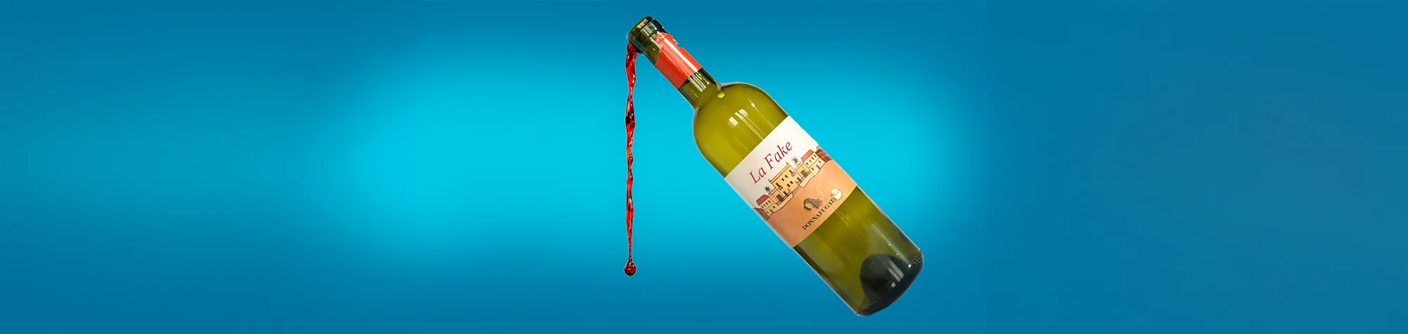 A wide panoramic banner showing a wine bottle with a realistic water drop effect and liquid pouring out against a vibrant cyan background.