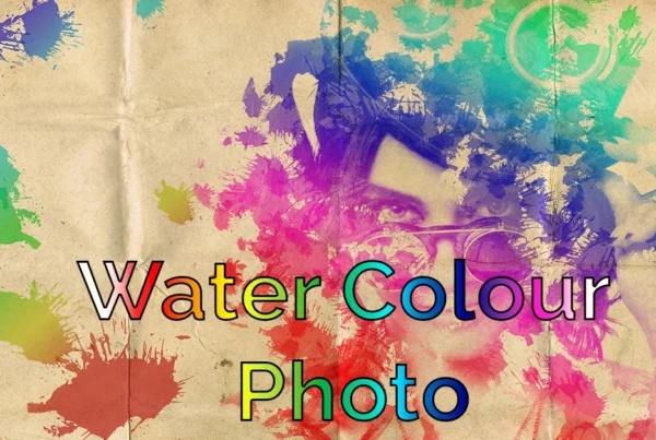 Photoshop tutorial thumbnail with the text "Water Colour Photo" over an artistic portrait with rainbow watercolour splatters and a textured background.
