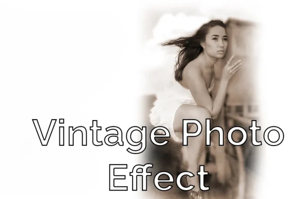 Photoshop tutorial thumbnail showing a sepia-toned portrait with a soft white vignette and the text "Vintage Photo Effect."