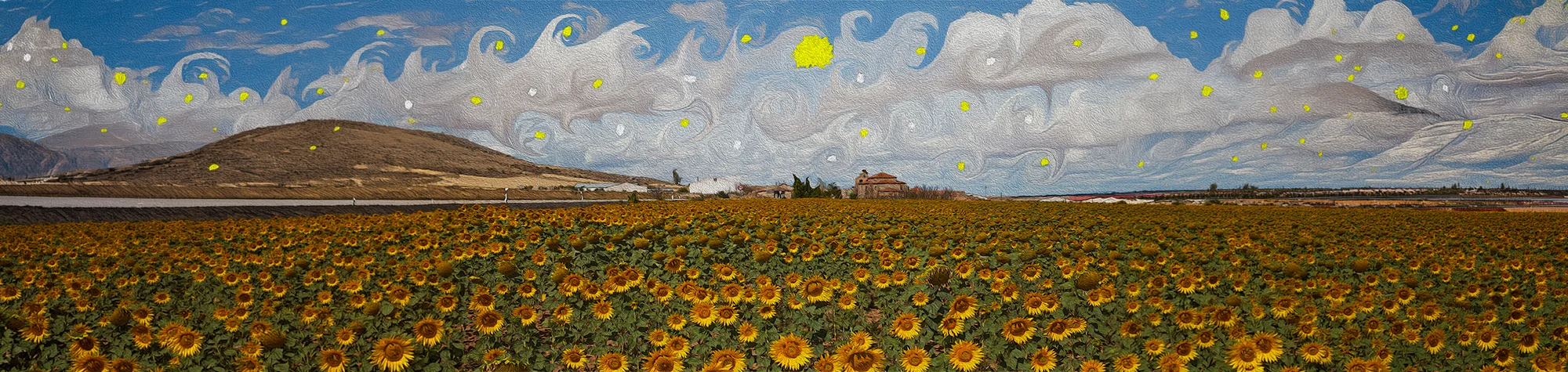 A wide panoramic banner showing a landscape transformed into a Van Gogh style painting with swirling impasto brushstrokes and vibrant colors in Photoshop.