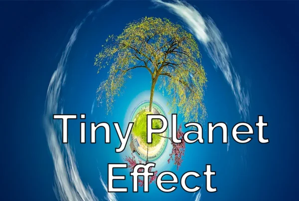 Photoshop tutorial thumbnail for Tiny Planet Effect showing a circular landscape with a tree and text overlay.