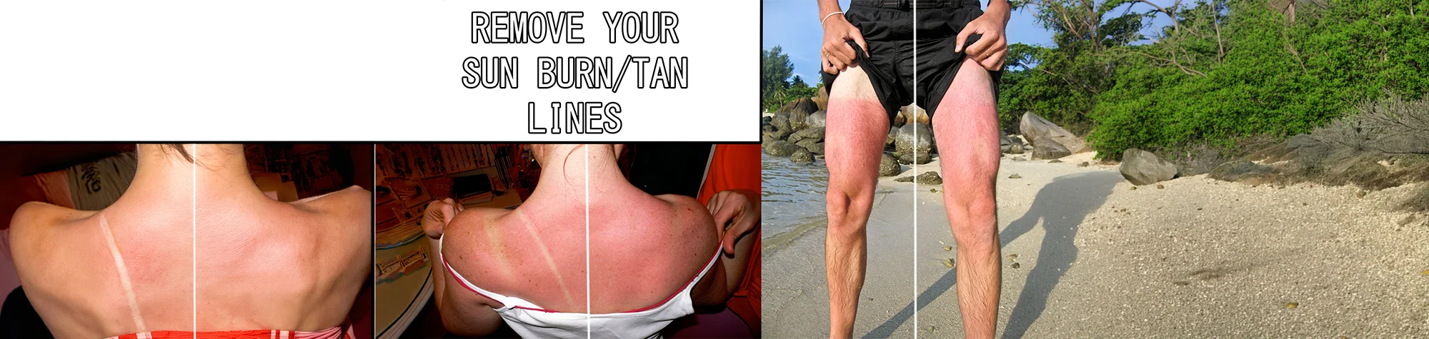 A wide panoramic banner showing a before and after comparison of a portrait where visible tan lines on a shoulder have been smoothly blended to match the surrounding skin tone.