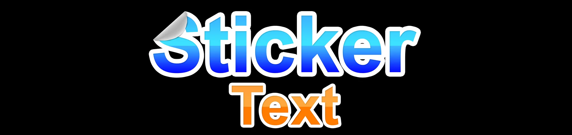 A wide panoramic banner showing a blue and orange sticker text effect in Photoshop with a realistic peeled corner on a black background.