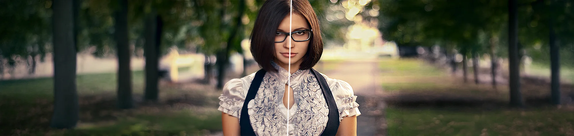 A wide panoramic banner showing a side-by-side comparison of a soft landscape photo becoming crisp and detailed using professional sharpening filters in Photoshop.