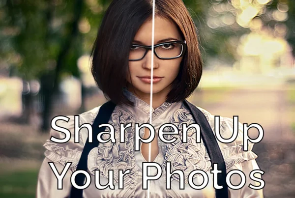 Photoshop tutorial thumbnail featuring the text "Sharpen Images" over a high-resolution close-up of an eye and skin texture, showing enhanced clarity.