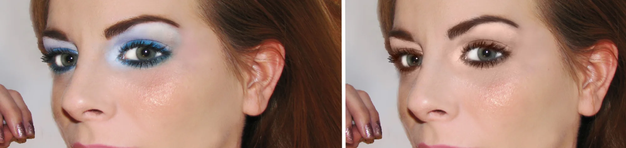 A wide panoramic banner showing a side-by-side comparison of a glamorous portrait with full makeup being digitally reverted to a natural, fresh-faced skin look in Photoshop.
