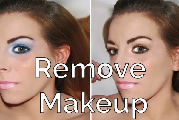 Photoshop tutorial thumbnail featuring the text "Remove Digital Makeup" over a close-up of an eye where heavy eyeliner and glitter are being subtly edited out.