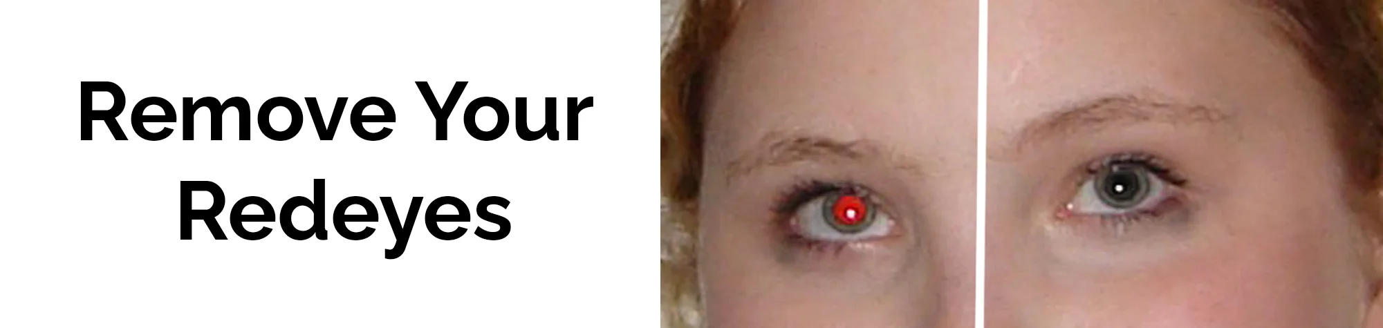 A wide panoramic banner showing a before and after comparison of a portrait where the red-eye effect from a camera flash has been professionally removed in Photoshop.