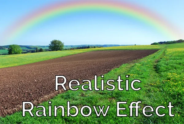 Photoshop tutorial thumbnail featuring the text "Rainbow FX" over a Vibrant farmers field scene with a bright, double-rainbow effect added digitally.