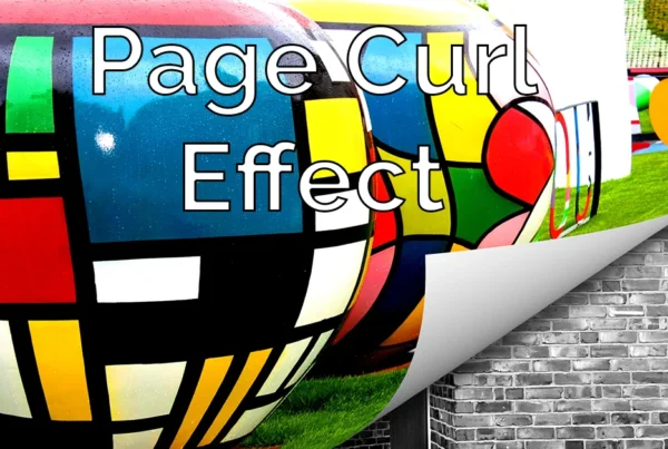 Photoshop tutorial thumbnail featuring the text "Page Curl Effect" over a colorful graphic being peeled away from a brick background.